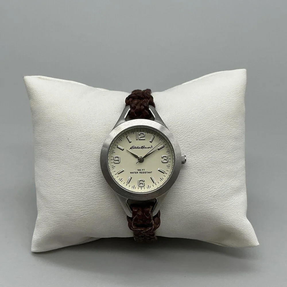 Eddie Bauer Womens Watch 27mm Cream Dial Brown Braided Leather New Battery 6.75